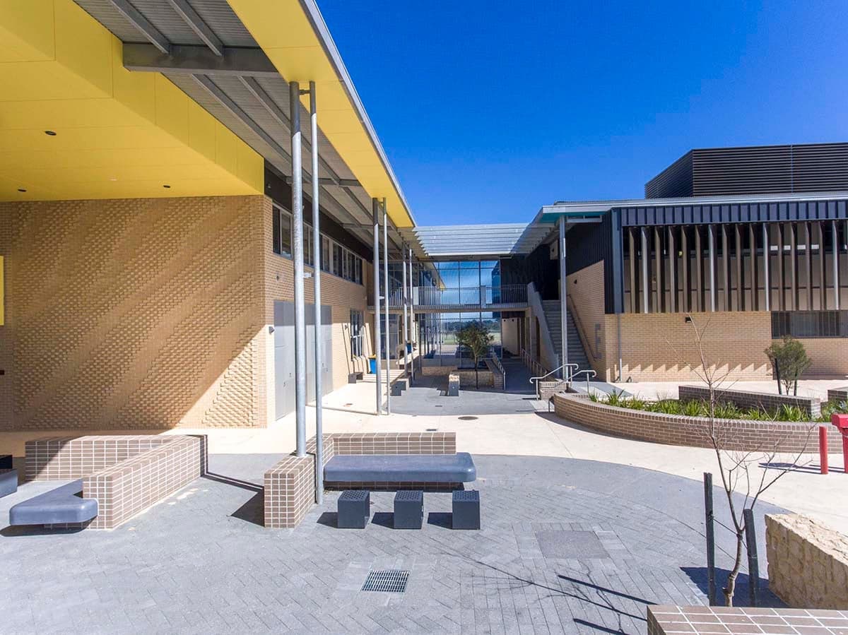 Rhythm and Flow — Integrated brick, glazing and aluminium louvres, Yanchep Secondary College