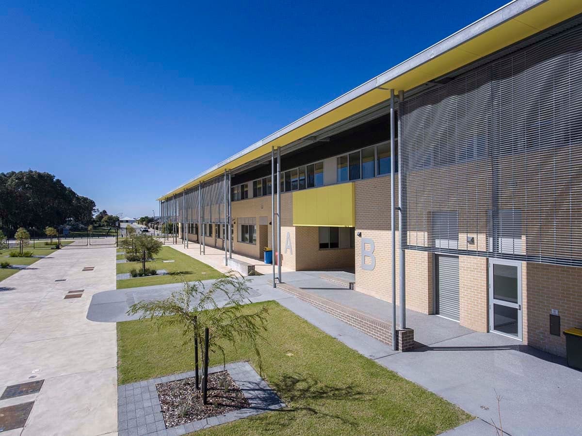 Rhythm and Flow — Integrated brick, glazing and aluminium louvres, Yanchep Secondary College