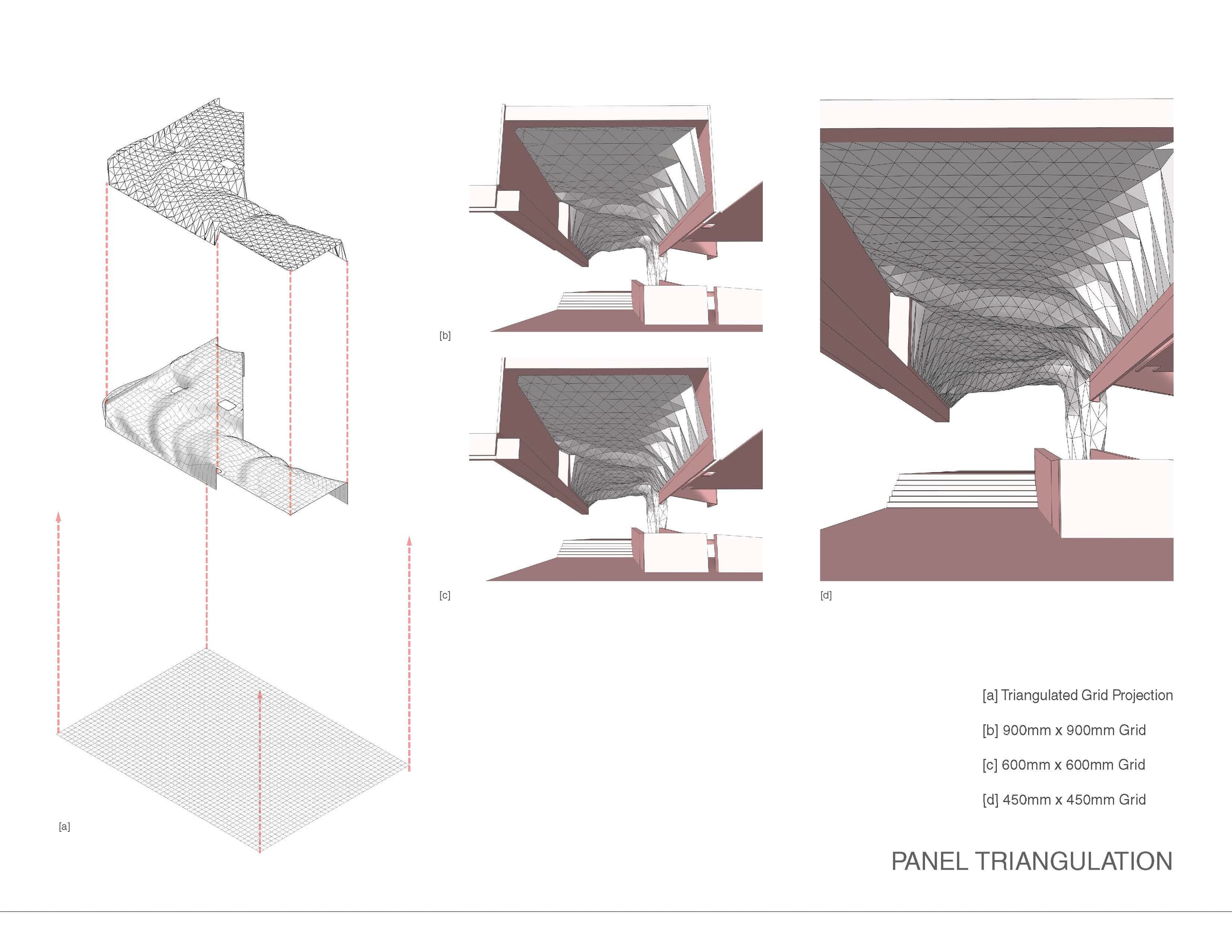 Exploded diagram of the triangulated grid projected onto the wind formed surface, beside three views of the surface panelled at 900, 600 and 450 millimetre grids
