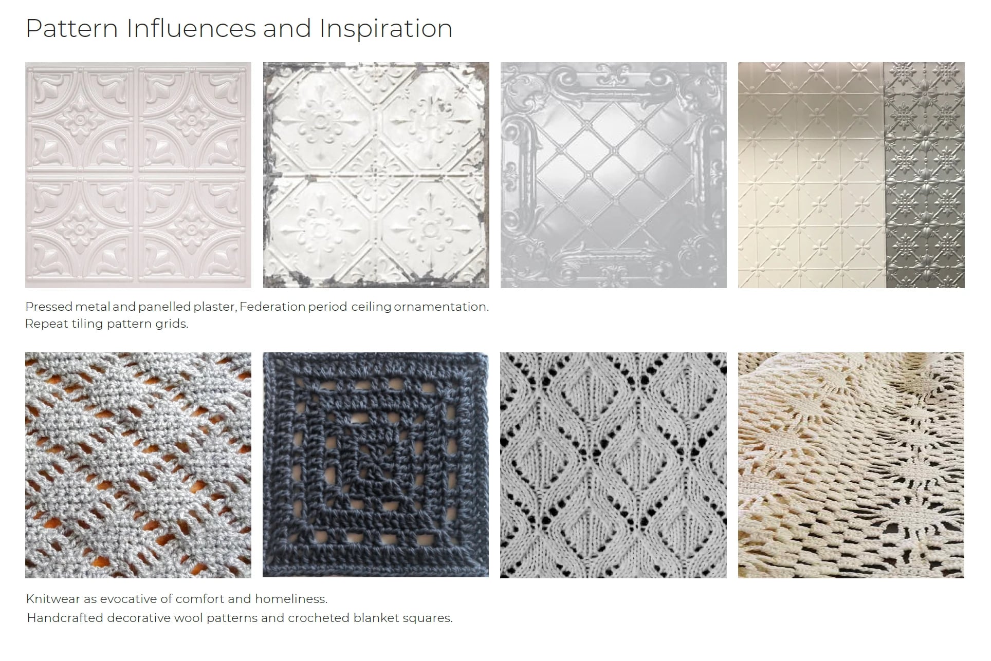 Pattern influences page from the Queenslea concept: four pressed metal ceiling panels above four knitted and crocheted textures, all built on diamond lattices