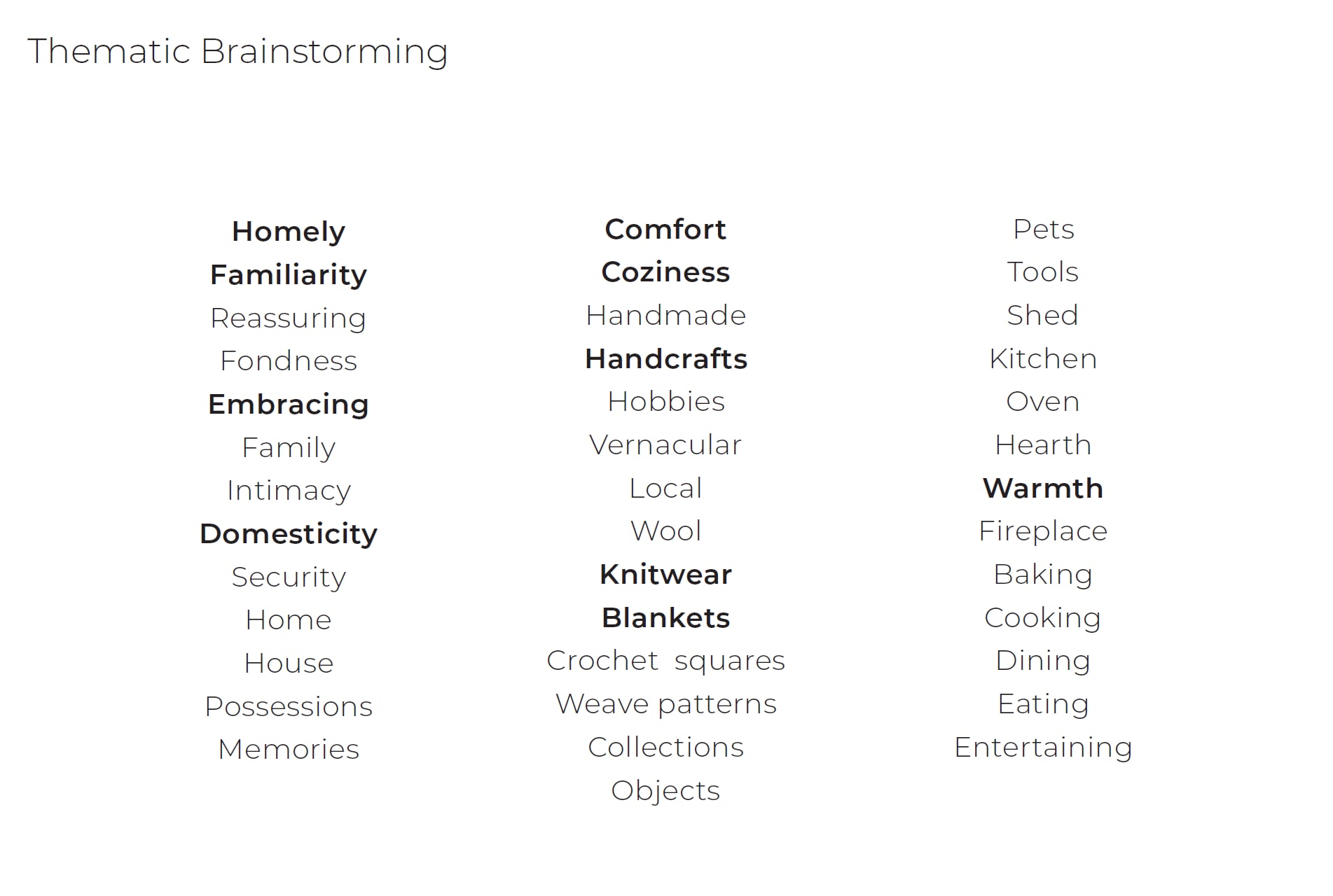 The thematic brainstorming page from the Queenslea concept: three columns of words, from homely and familiarity through comfort, handcrafts and blankets to hearth, warmth and baking