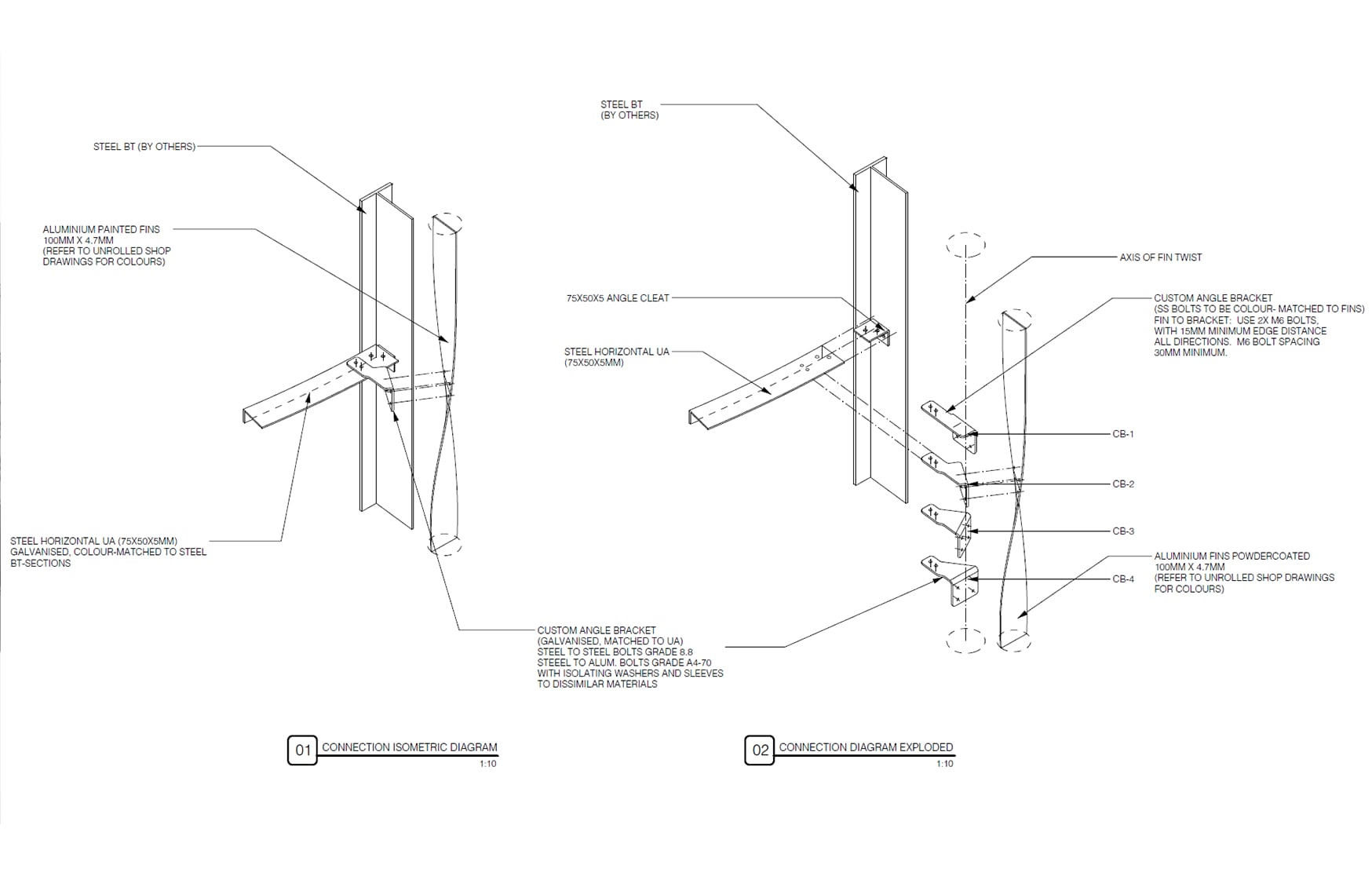 Shop drawing of the custom brackets that fix each twisting aluminium fin back to the steel frame at Anthesis