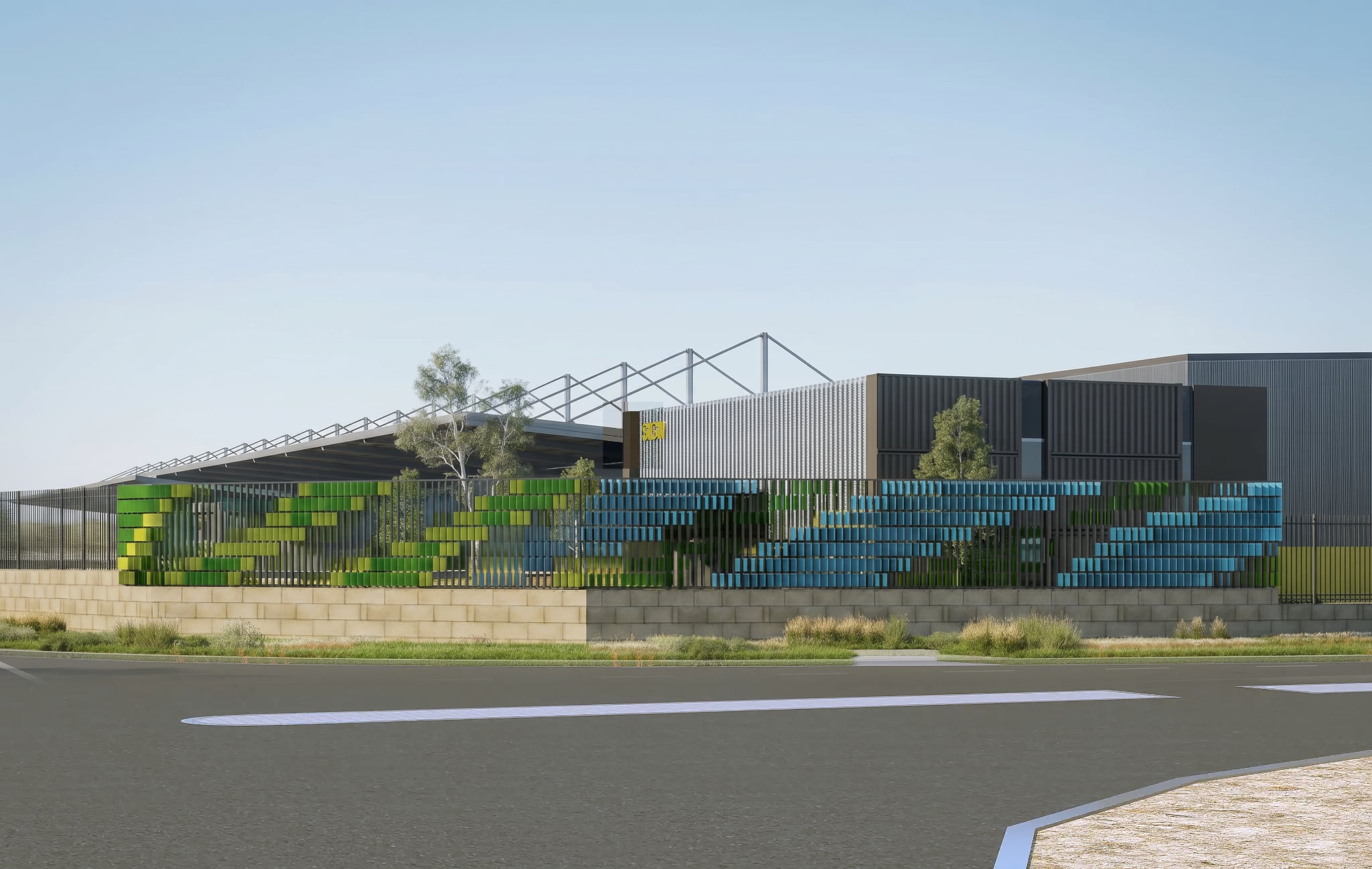 Wide render of the integrated fence artwork wrapping the Kenwick warehouse above native verge planting.