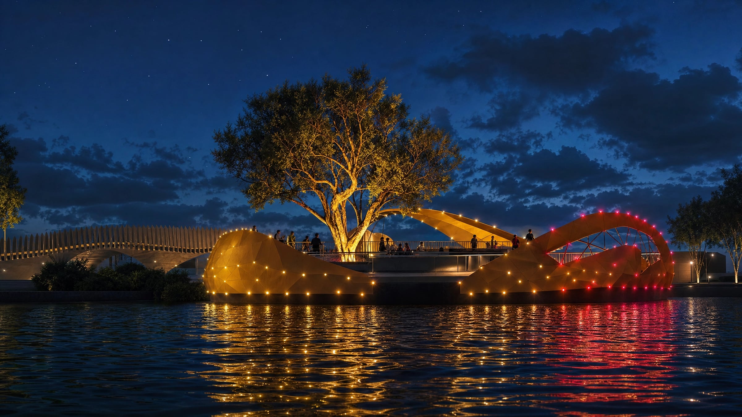 Night render with warm and red lights of the Greenbridge reflecting across the HOTA precinct lake.