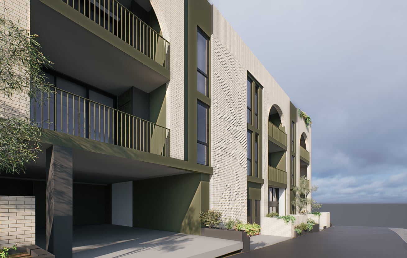 Oblique render past the undercroft, raking light picking out the rotated brick leaves.