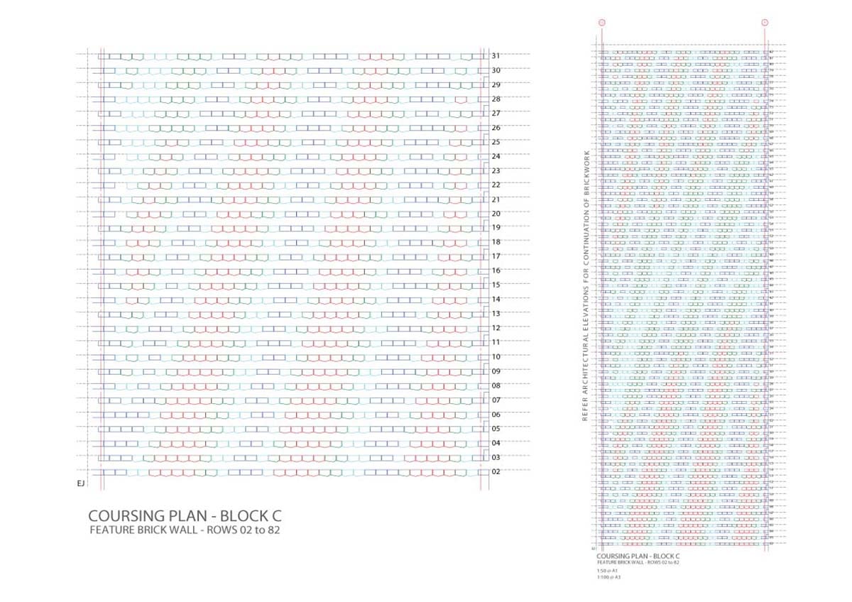 Coursing plan for the Block C feature brick wall at Yanchep, mapping every rotated brick from rows 02 to 82