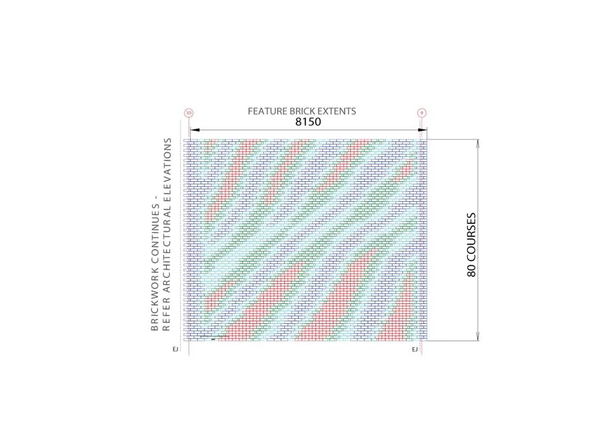 Construction drawing of the feature brick wall at Yanchep, colour coding 80 courses of rotated bricks.