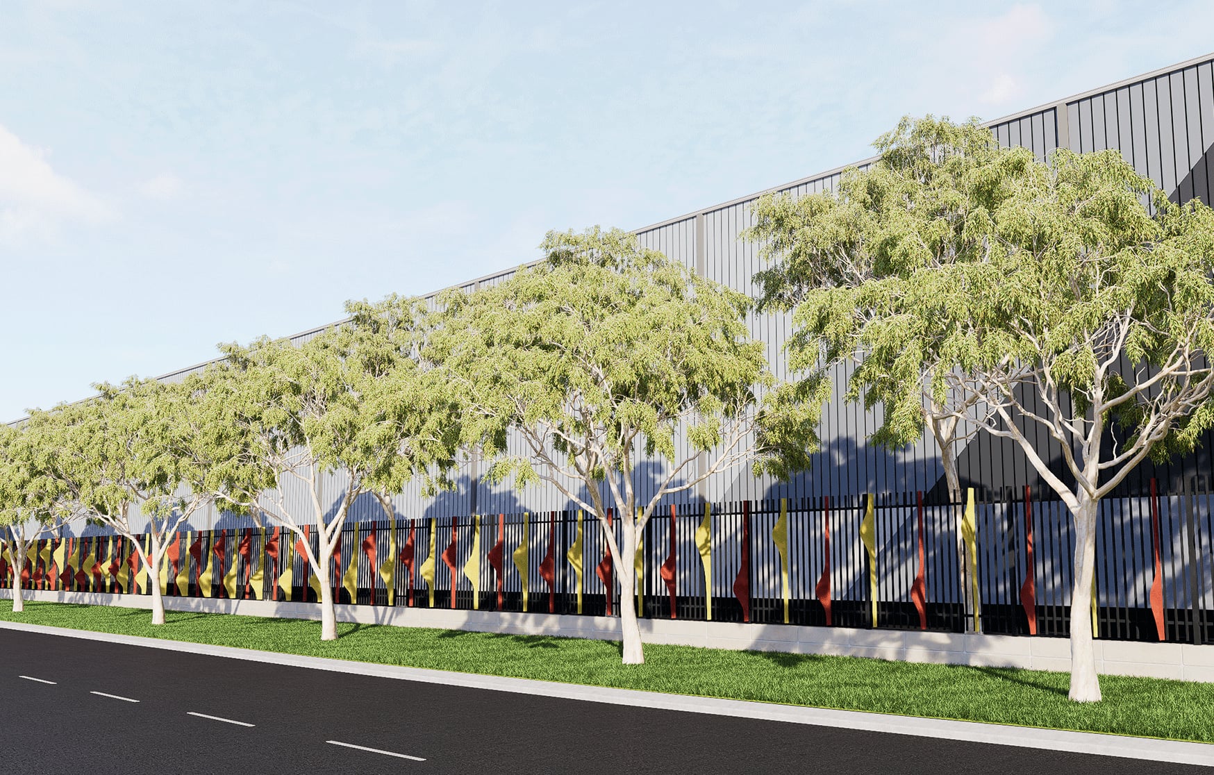 Digital concept view showing the fence fins beneath shady eucalypts at the Hazelmere gateway.