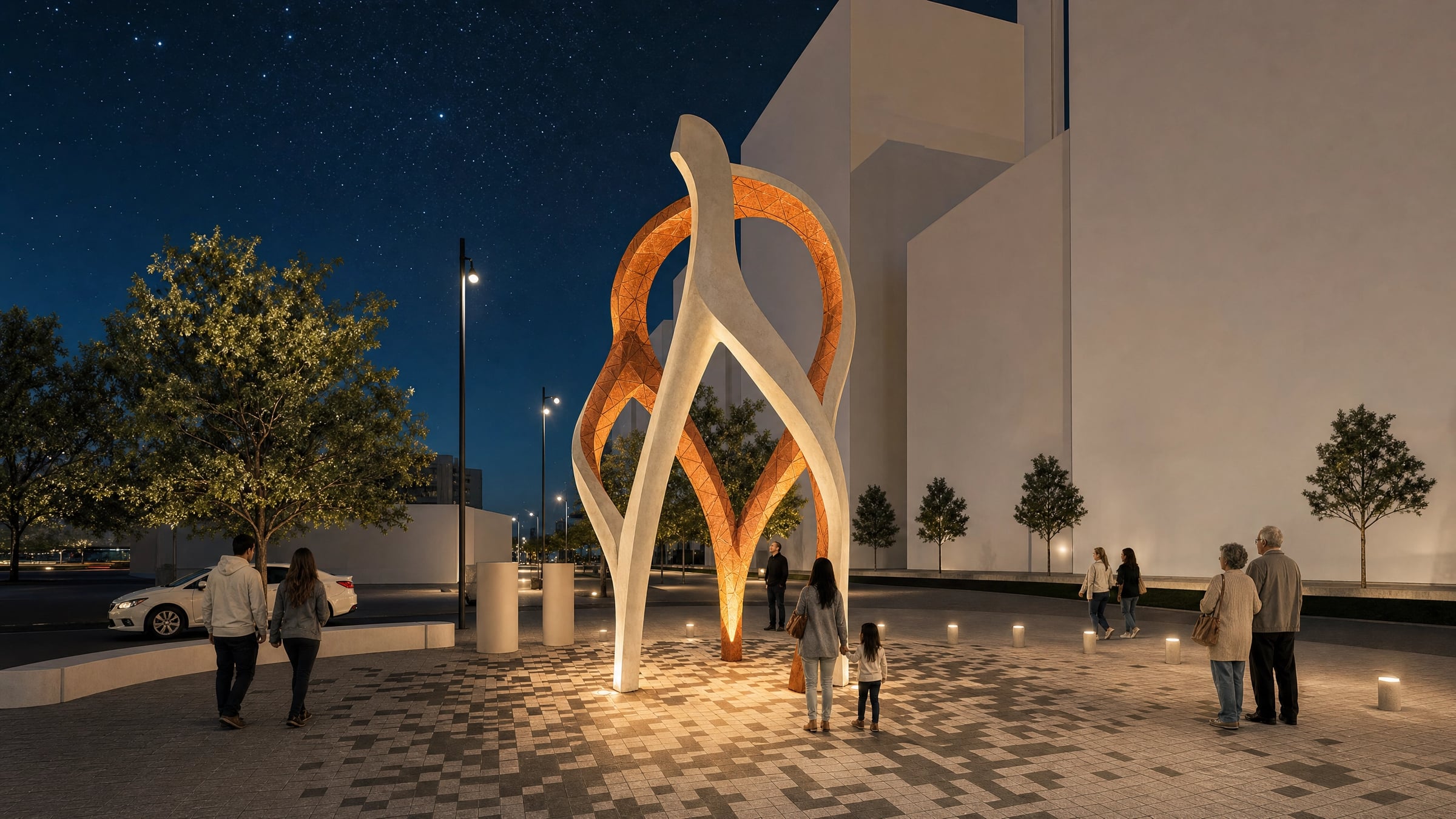 Night render of The Form of Dance glowing on its plaza, its copper interior lit beneath a starry sky.