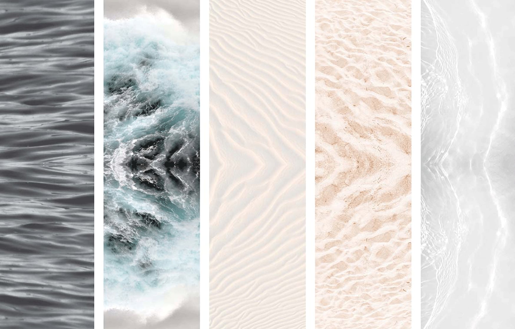 Reference imagery of ocean ripples, surf and dune sand that informed Windswept's coastal palette
